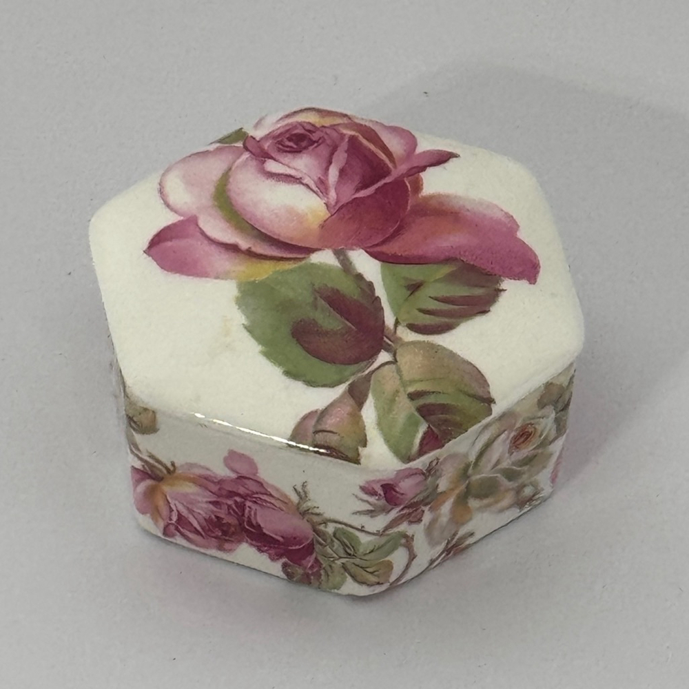 Vintage Crownford Giftware White Porcelain Pink Floral Octagonal Trinket Box